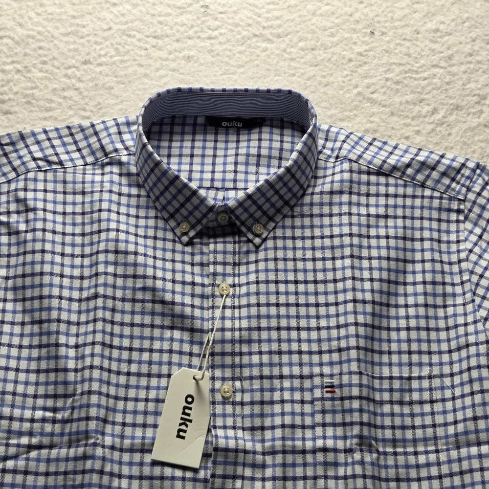 Ouku Shirt Mens XL Blue Check Long Sleeve Button-Down Casual Chest Pocket